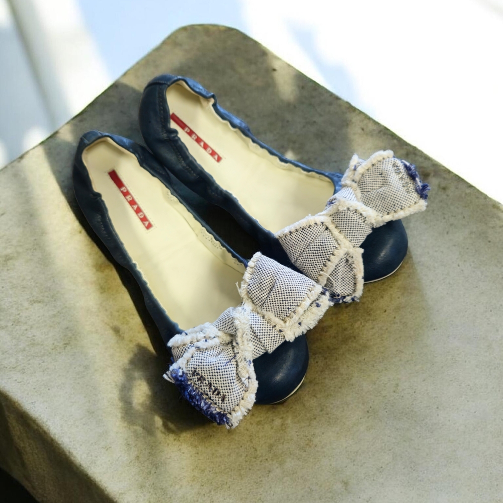 Navy Leather Ballet Flats with Bow Accent - Prada Sport Scrunch Ballet Flats